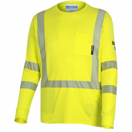OBERON Hi-Vis 100% FR/Arc-Rated 7 oz Interlock Safety Shirt, Long Sleeves, 2 Tape, Hi-Vis Yellow, M ZFI306-M
